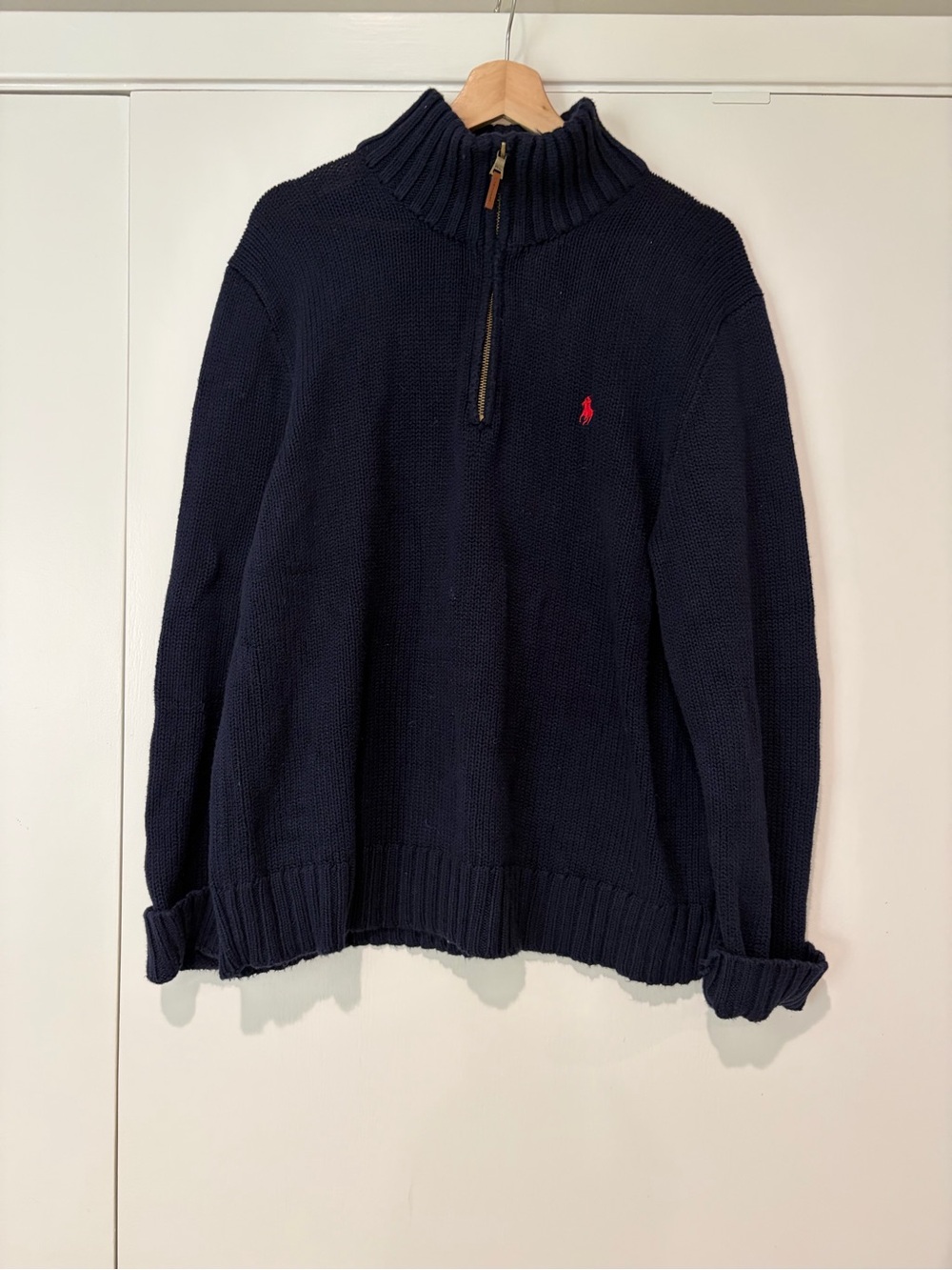 Ralph Lauren Navy Half-Zip Cowl Neck Sweater with Red Pony
